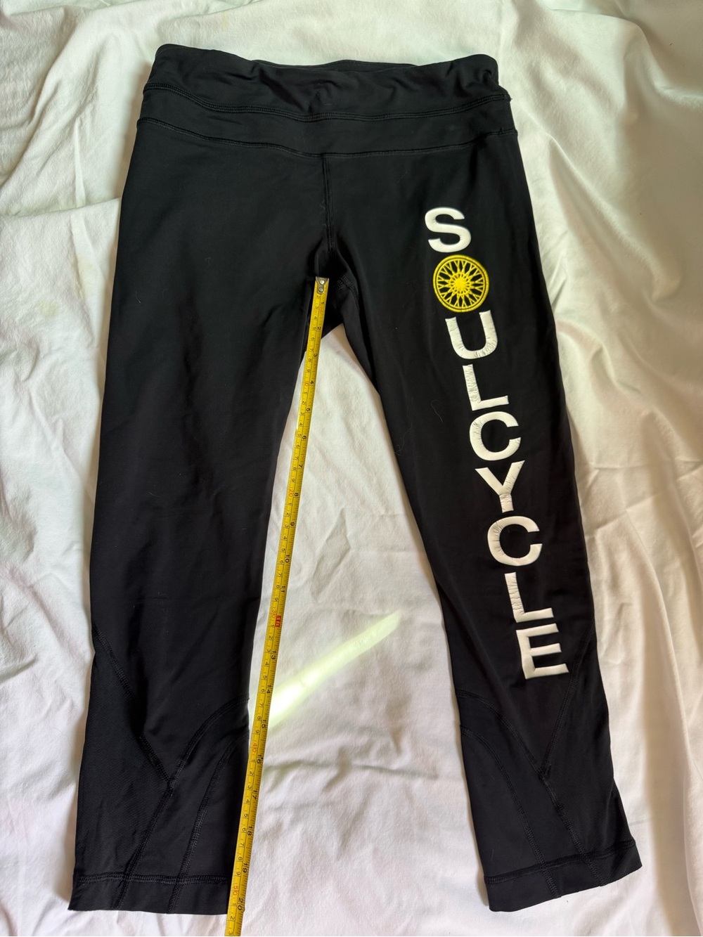 lululemon Size 6 Black Leggings with White & Yellow SoulCycle Logo